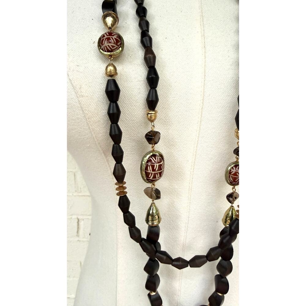 Chico’s Long Layered Wood Bead Statement Necklace Boho Artisan Tribal Chic
